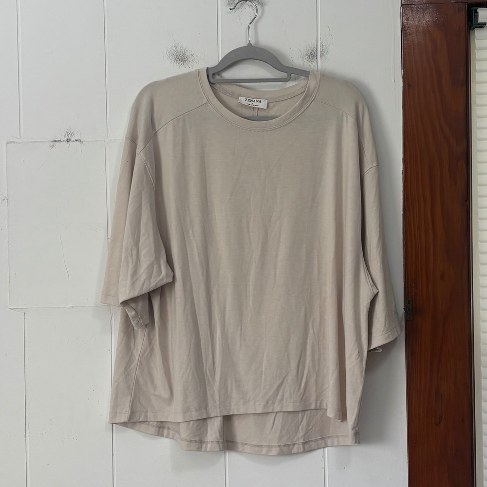 Zenana Womens Oversized Elbow Sleeve High Low Top Beige L